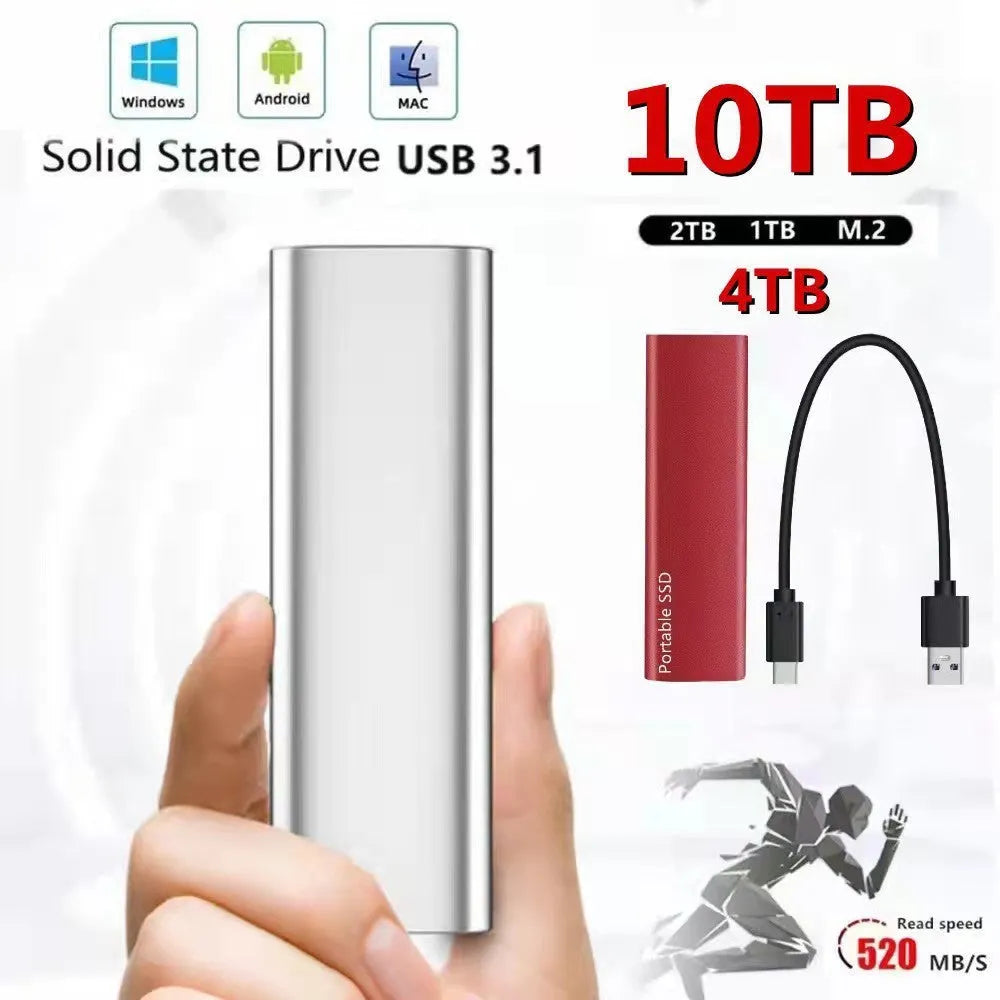 Ultra-thin external mobile solid-state drive with a metal shell, showing red interface connector.