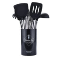 8-piece silicone kitchenware set with stainless steel tube handles in black and red