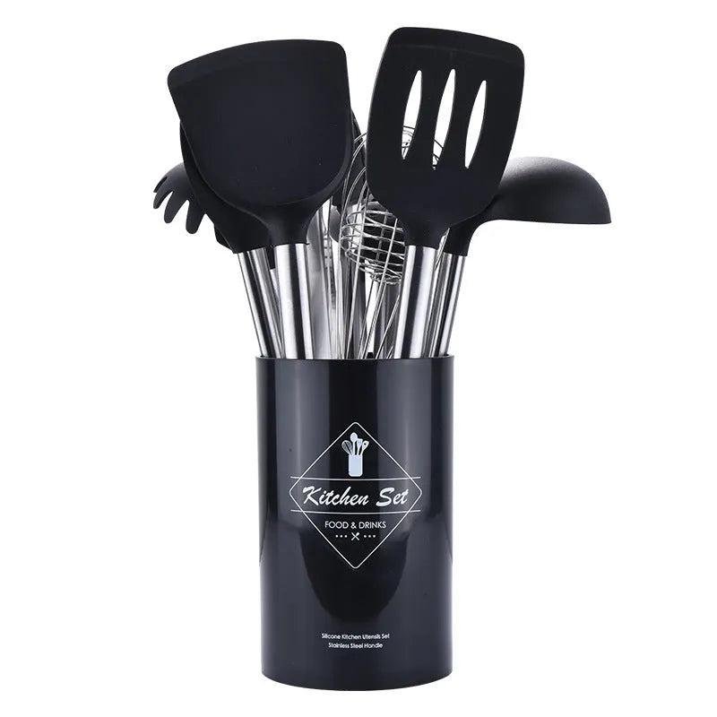 8-piece silicone kitchenware set with stainless steel tube handles in black and red