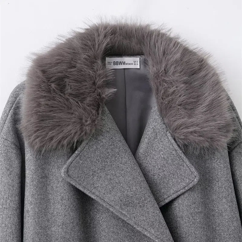 Women's mid-length gray hooded cape coat with belt and removable raccoon fur collar over 100cm long