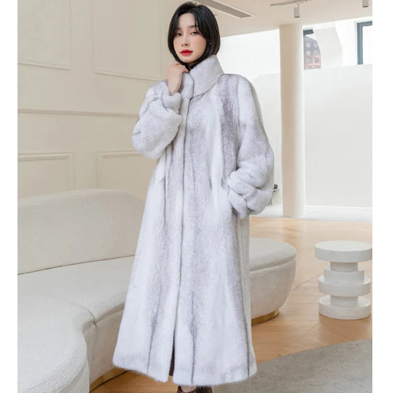 Women's long white faux fur coat with stand-up collar showing front view