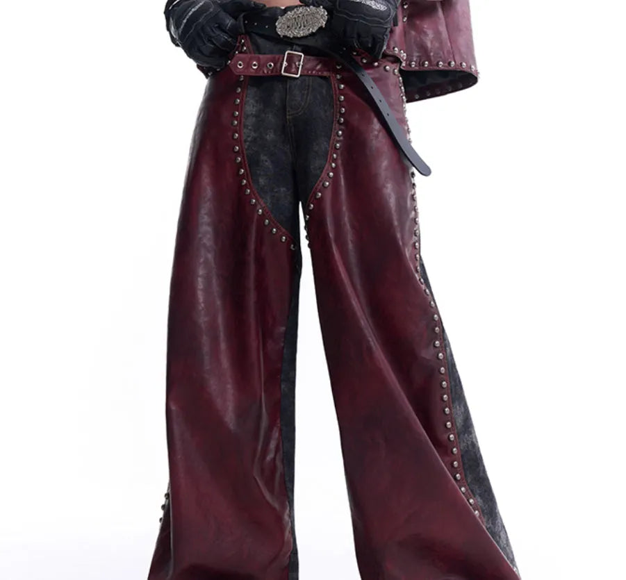 Red special-interest heavy industry rivets leather vest coat set with lapel collar and matching pants