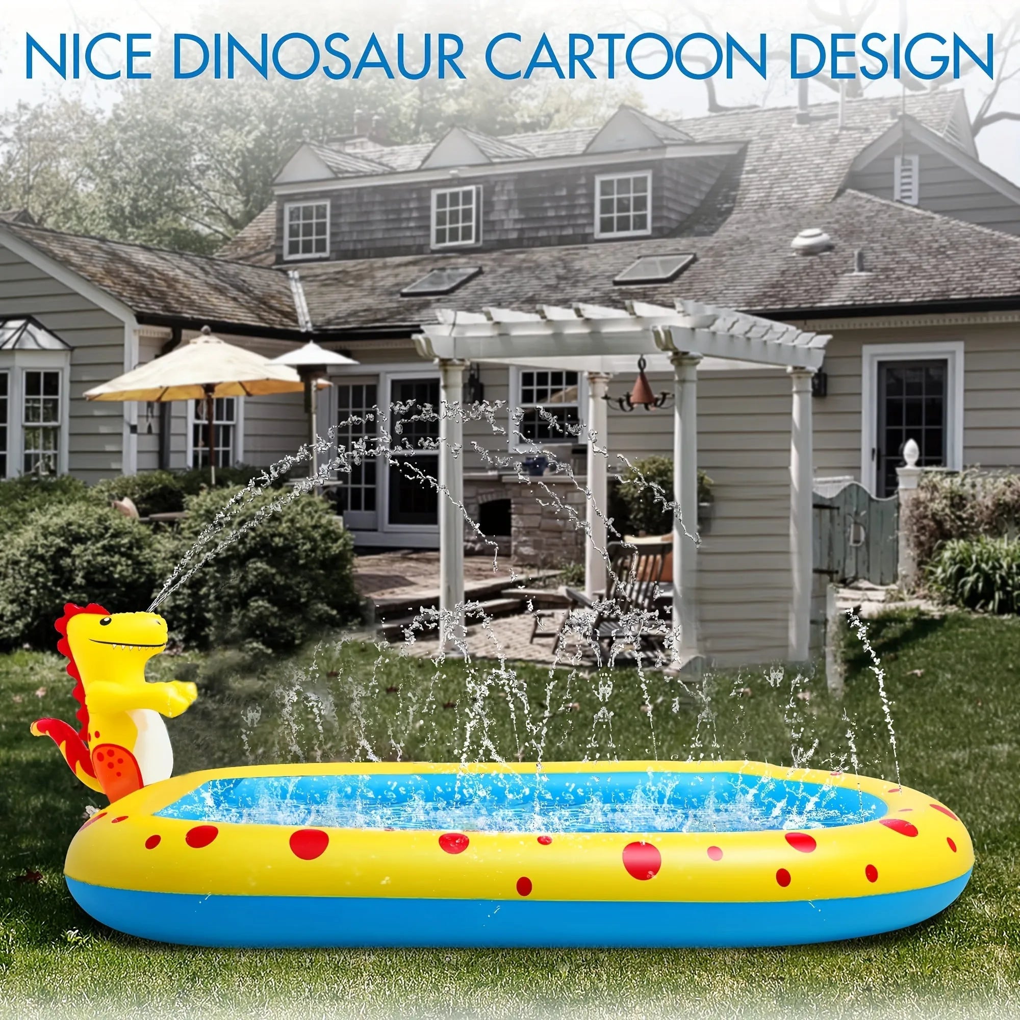 Blue dinosaur inflatable water spray pool with pet play mat and shark toy in garden setting