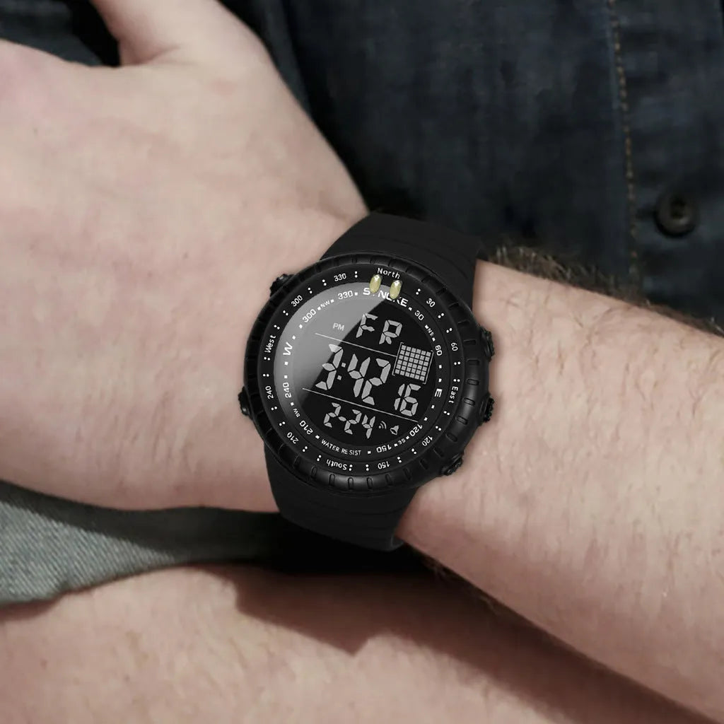 Black waterproof men's electronic watch with plastic case and PU strap showing dial detail