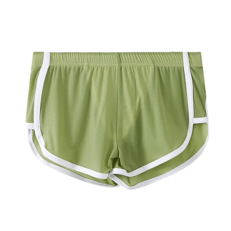 Men's ice silk mesh boxer shorts in a low waist design, shown in various colours including black, white, and army green.