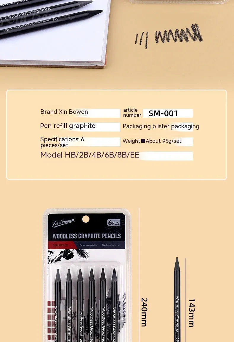Set of six wood-free graphite sketching pencils in grades HB, 2B, 4B, 6B, 8B, and EE