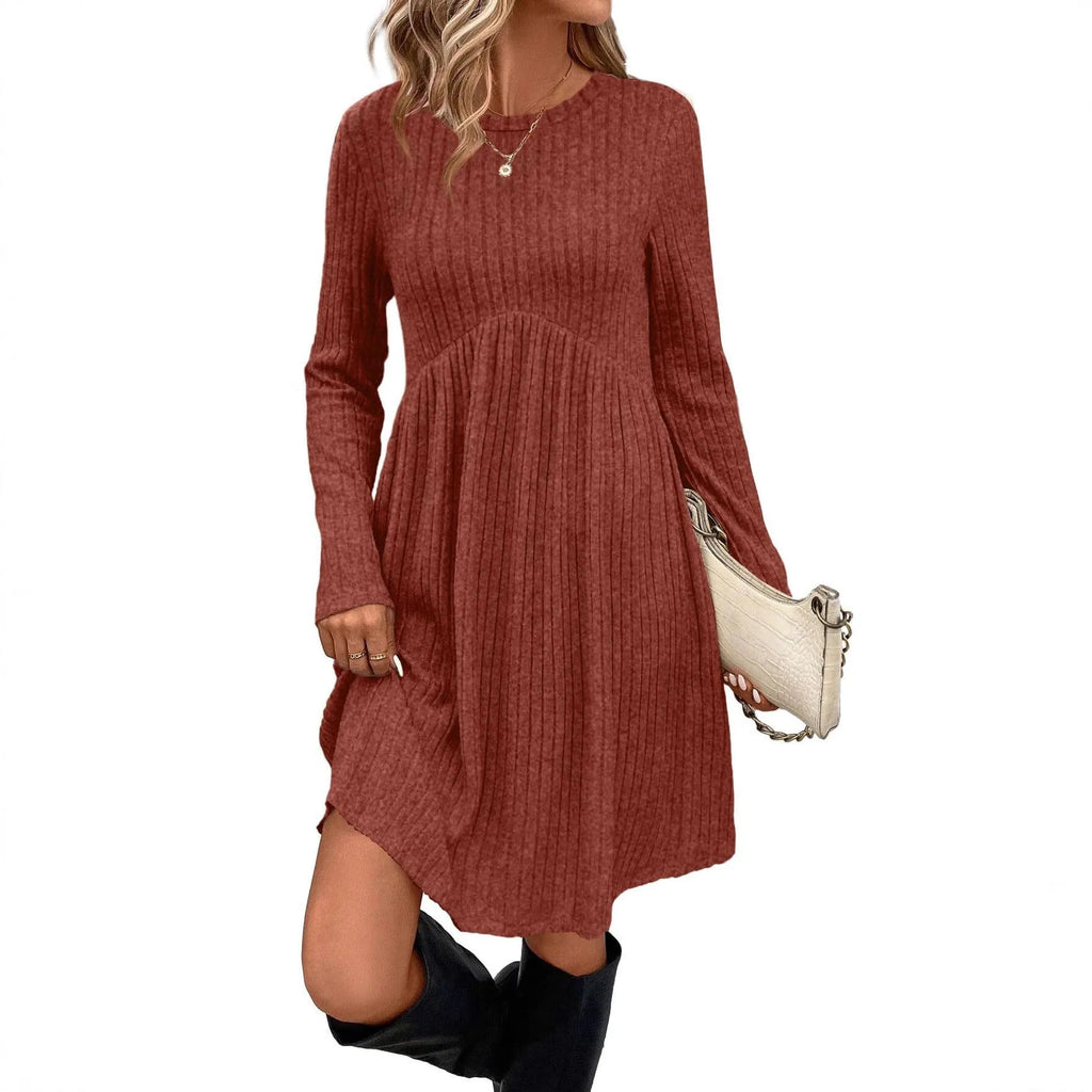 Women's bohemian brushed sunken stripe solid colour princess dress mid length wide waist autumn winter