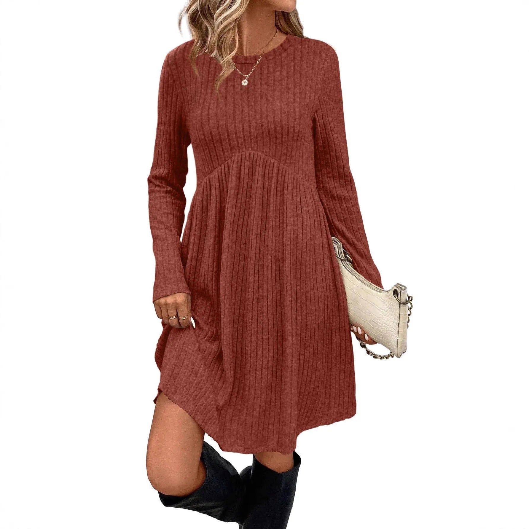 Women's bohemian brushed sunken stripe solid colour princess dress with wide waist and mid-length skirt