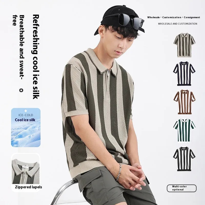 Man modelling a black and white striped short sleeve ice silk sweater with a silver zip detail on the front.