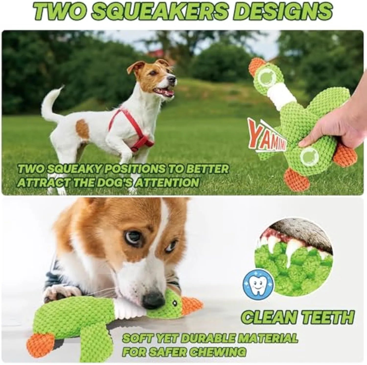 Blue durable plush duck dog toy with squeakers on a white background.