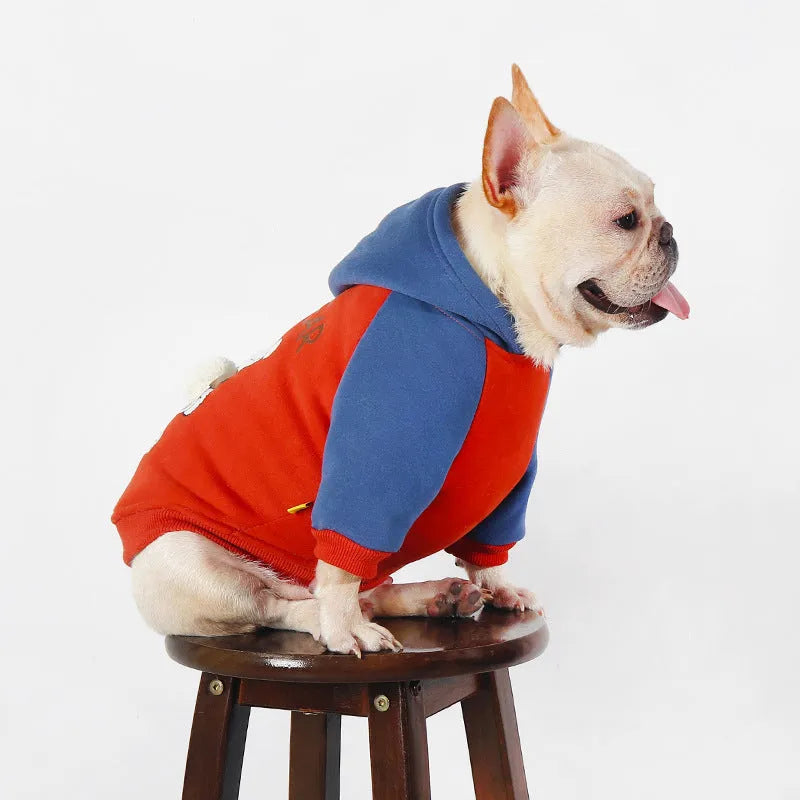 Red cotton dog coat for small to medium-sized breeds like Teddy or French Bulldog on a size chart showing L to 4XL.