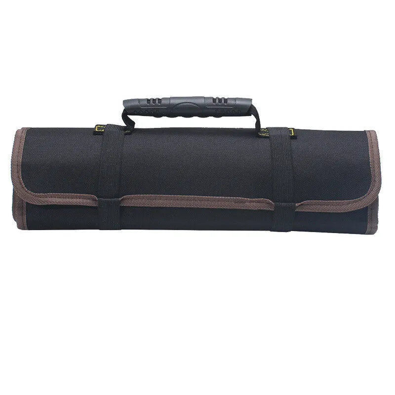 A blue thickened Oxford cloth electrician storage bag with tool pockets, shown folded and hanging.