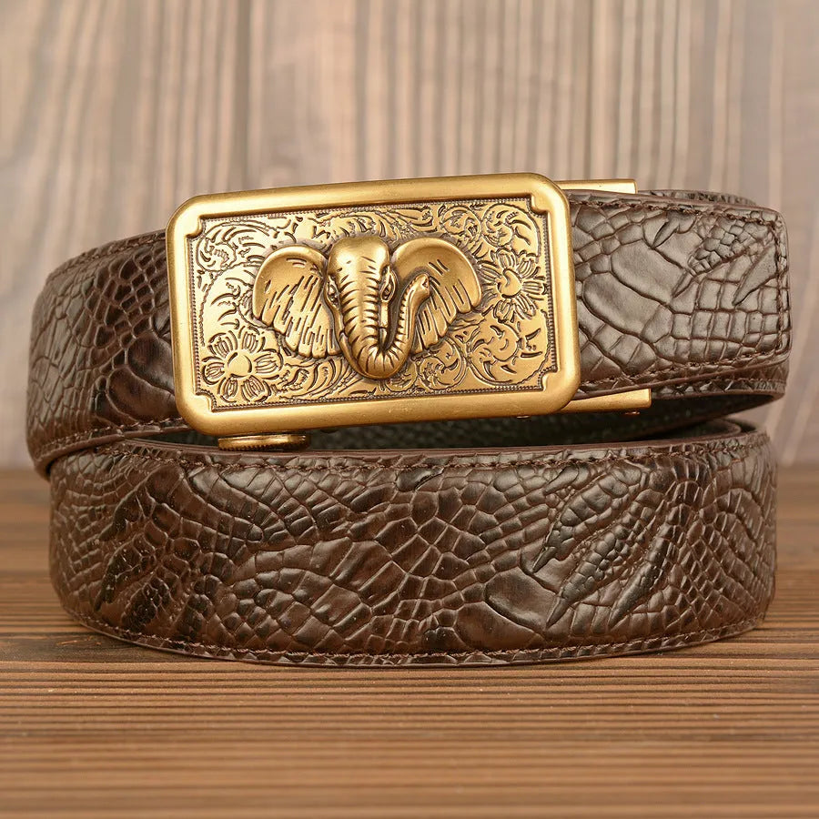 Men's automatic buckle belt, cowhide leather, black alligator pattern, gold alloy buckle, 110-125cm length