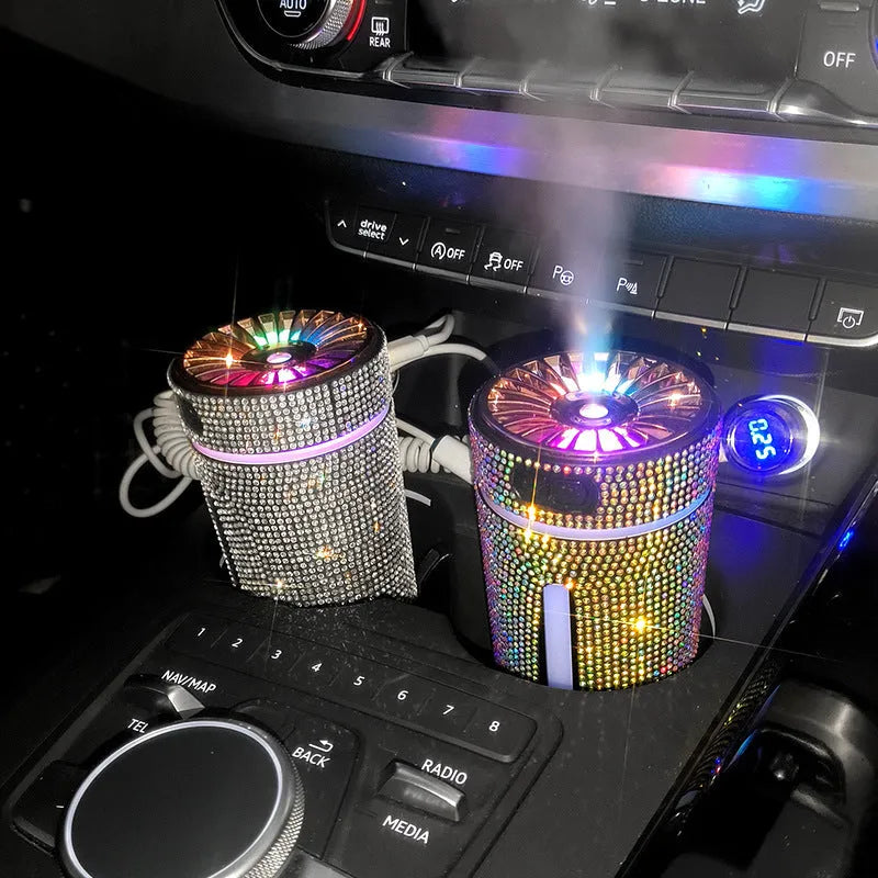 Rhinestone and plastic car humidifier with LED lights, showing colourful mist and USB cable.