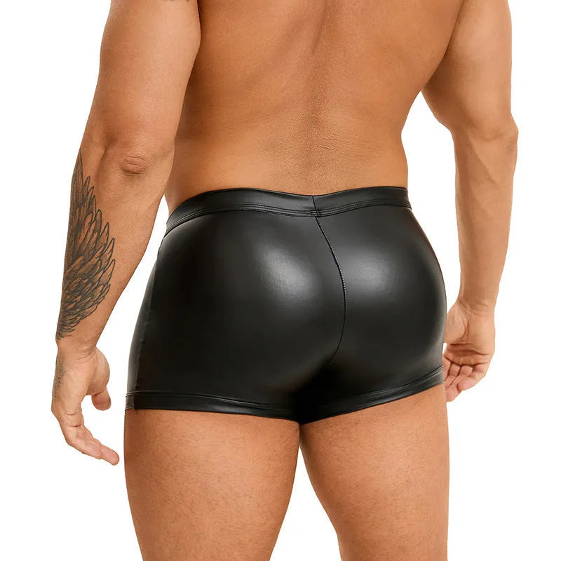 Black men's U pouch boxer shorts in PU leather, showing front design.