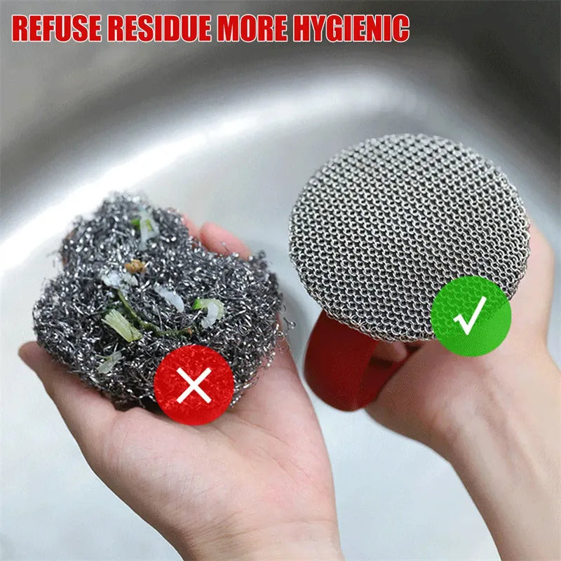 Cast iron scrubber with 316 stainless steel round chainmail head and silicone handle in red, blue, or black