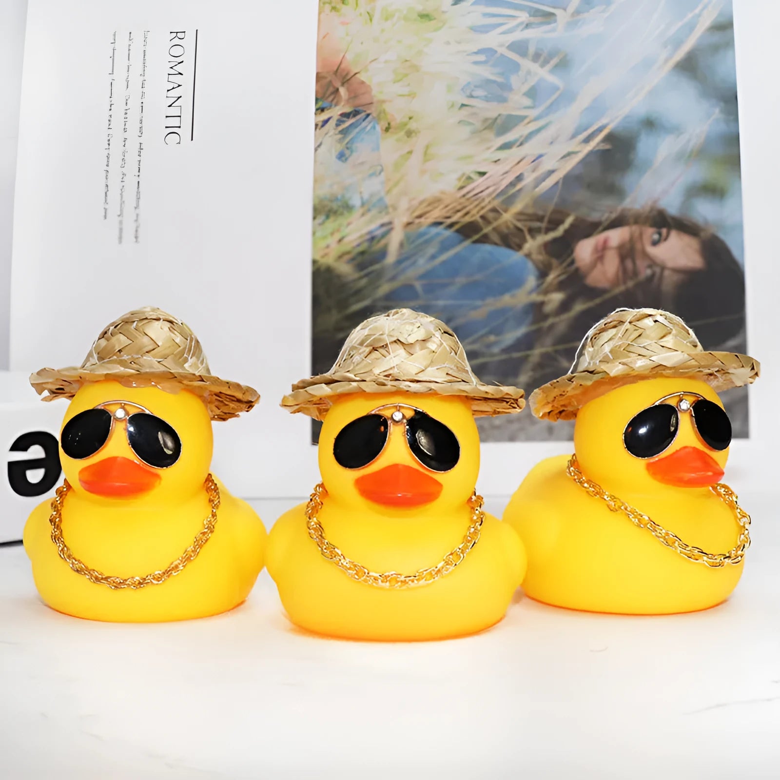 Yellow cartoon duck car ornament wearing straw hat with adhesive base and sunglasses necklace accessory