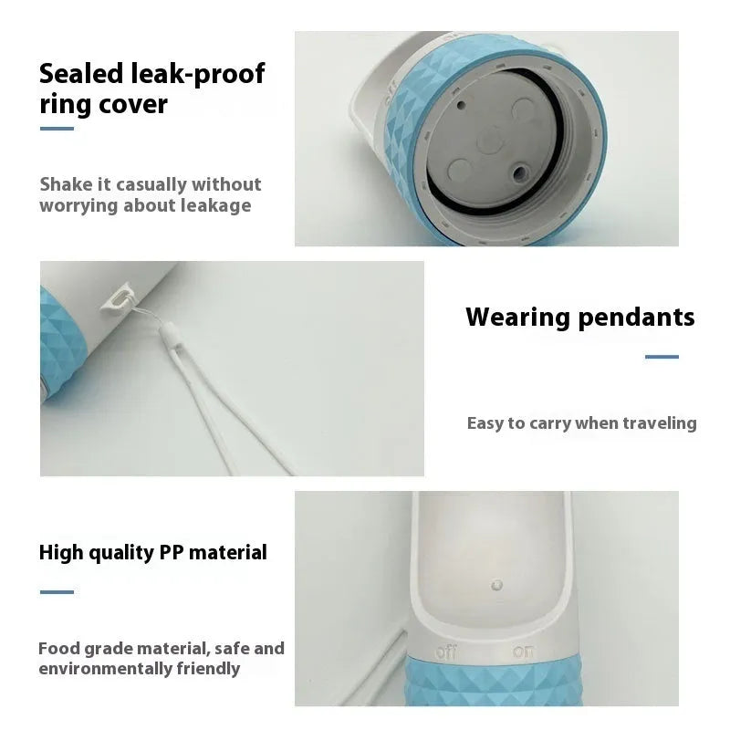 Portable dog water cup with one-click lock, food-grade ABS construction, available in various colours for outdoor pet hydration