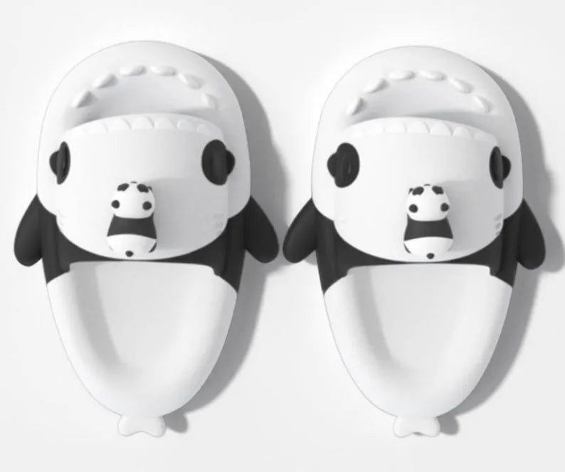 Thick soled non-slip EVA home slippers with cat and shark design, two colour options available