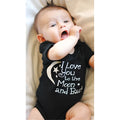 Baby boys black polyester romper with moon, star and letter print, short sleeves, triangle climbing style