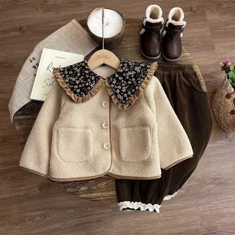 Mori style girls' fleece-lined winter coat in khaki colour for toddlers, long sleeves, polyester outer