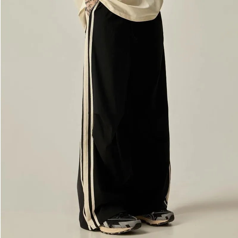 Black wide leg climbing trousers for men with straight-leg style and high waist design