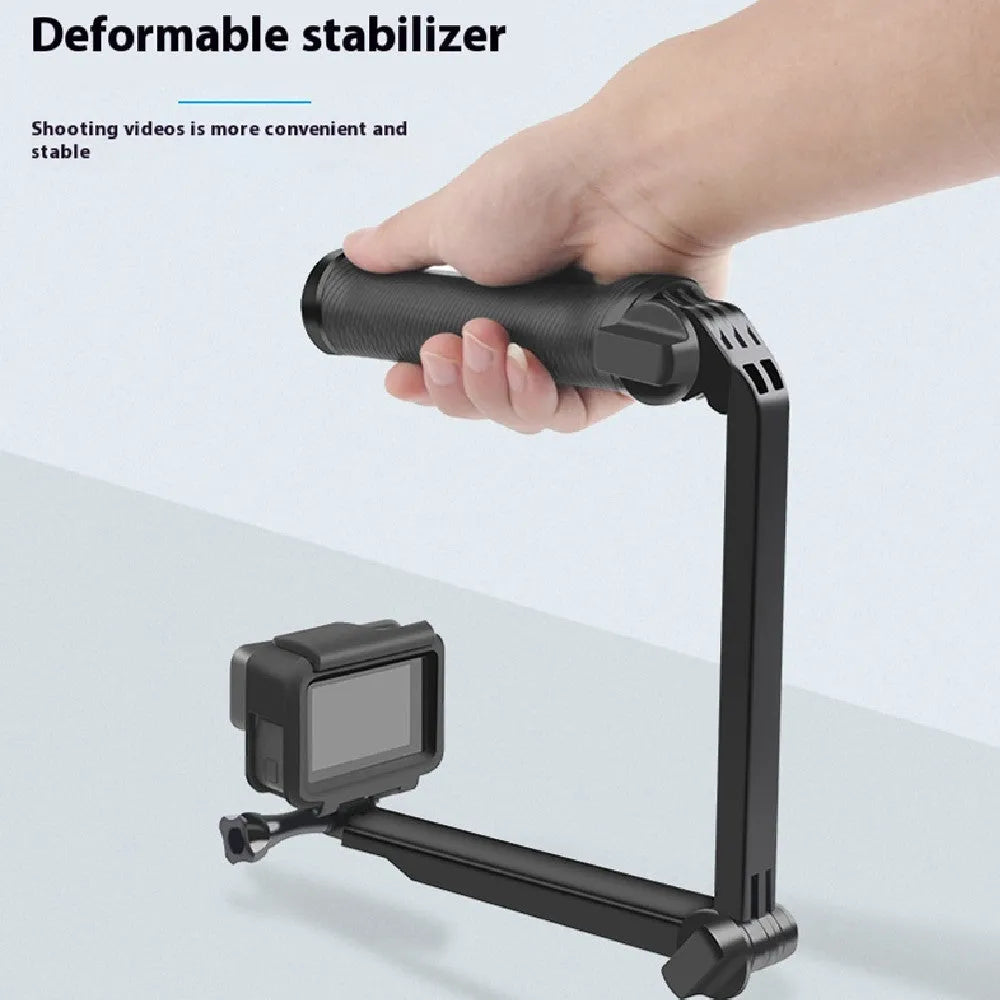 Black portable folding camera tripod storage bracket for GoPro Hero action cameras on a white background.
