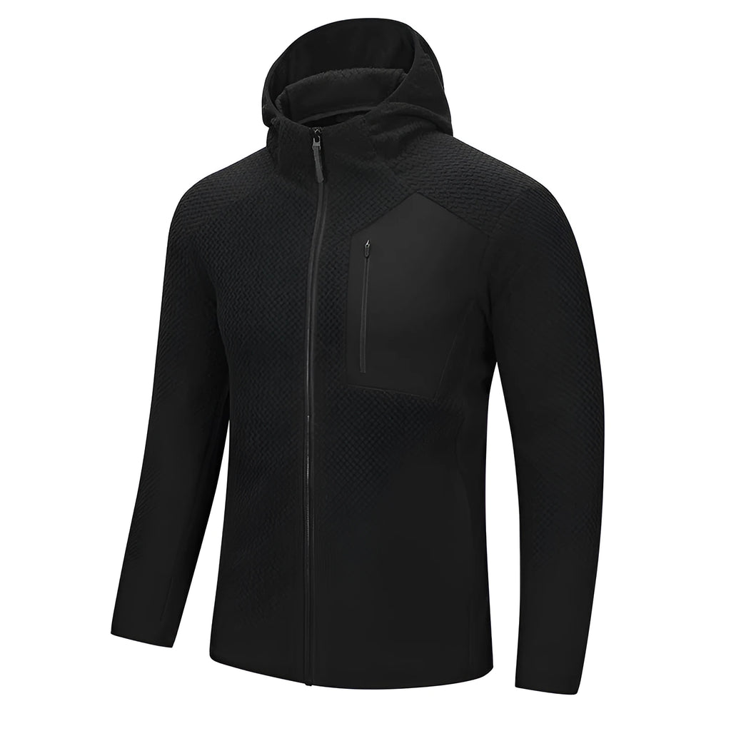 Thickened hooded fleece jacket in black, full zip, side pockets, for men youth outdoor sports