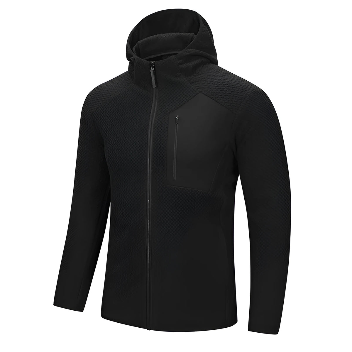 Thickened hooded fleece jacket in black, full zip, side pockets, for men youth outdoor sports
