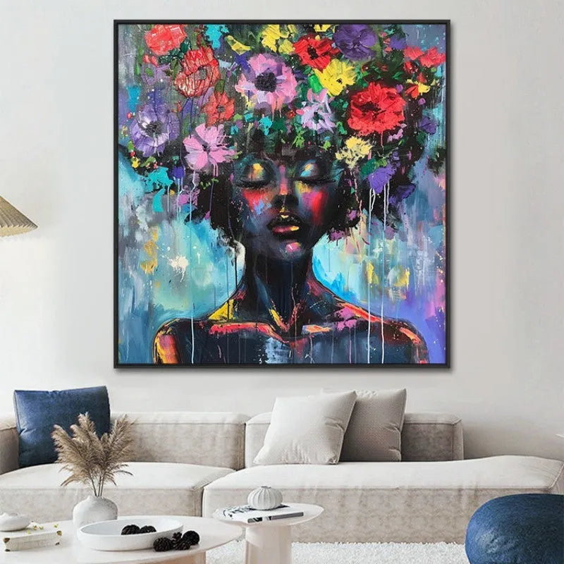 Hand painted oil painting of woman with colourful mystical floral design on canvas for modern wall decor no frame