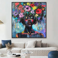 Hand painted oil painting of woman with colourful mystical floral design on canvas for modern wall decor no frame