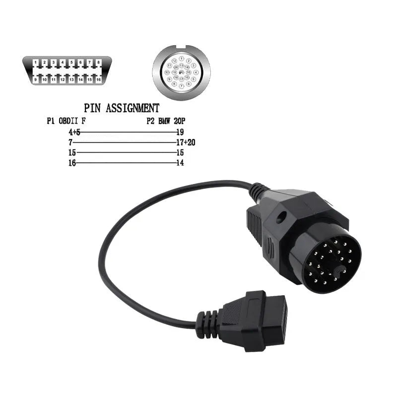 BMW 20-pin to OBD2 16-pin diagnostic connector cable adapter for scan tools.