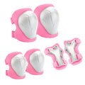 6-piece children's roller skating protective gear set with knee pads, elbow protectors, and palm protectors in black, blue, green, orange, pink, and red