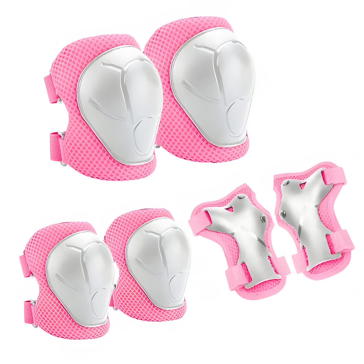 6-piece children's roller skating protective gear set with knee pads, elbow protectors, and palm protectors in black, blue, green, orange, pink, and red