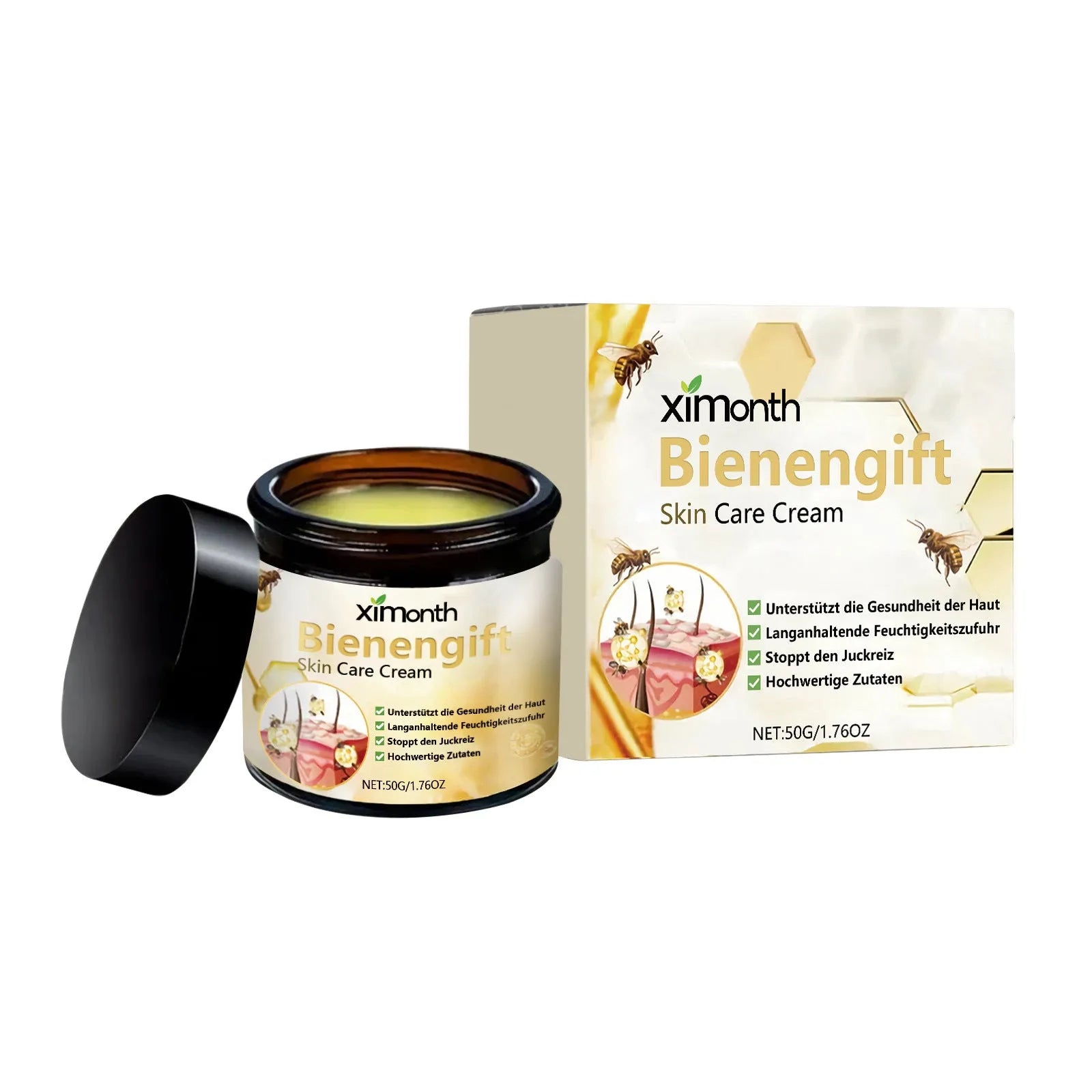 50g jar of bee venom and herbal blend neck cream for moisturising.