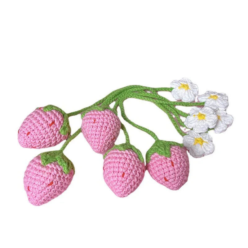 Wool crochet woven strawberry pendant necklace showing knitted texture and single charm design