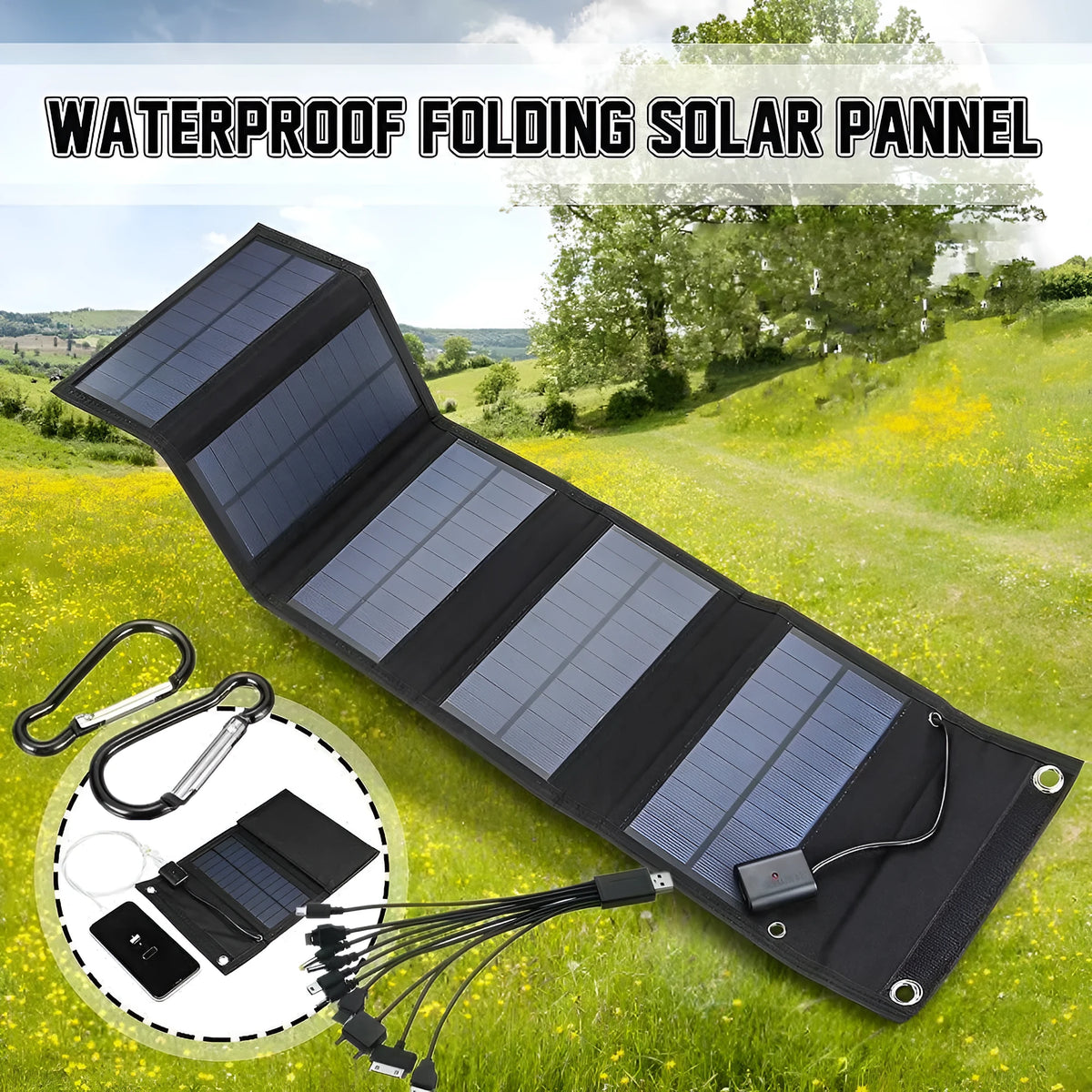 30W foldable solar charger with SunPower cells and dual USB outputs on camouflage fabric surface