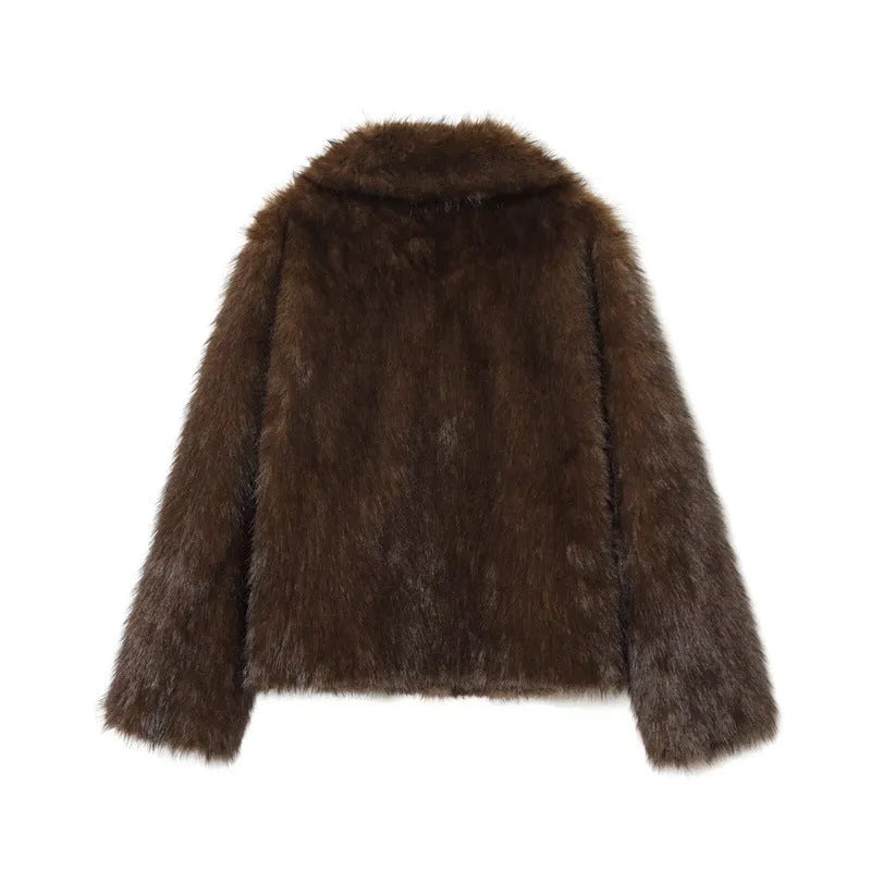 Women's double-sided brown artificial fur effect jacket with faux fur collar long sleeve