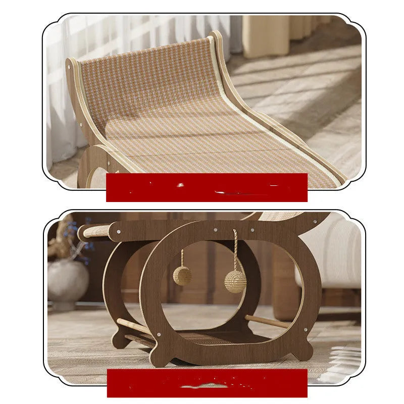 Solid wood sisal cat scratching mat and bed in walnut colour on a wooden floor.