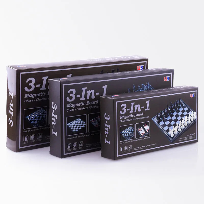 Three-in-one magnetic chess checkers backgammon set with plastic board and ABS pieces