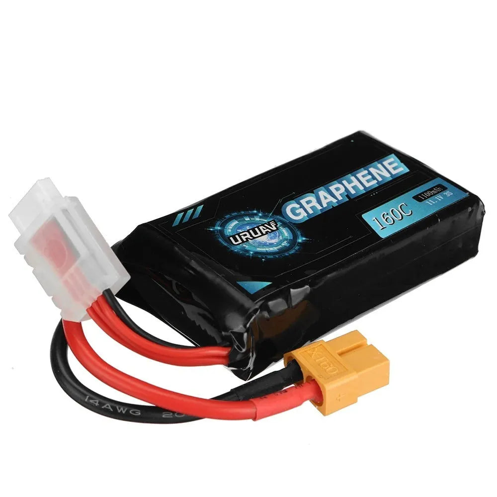7.4V 1200mAh 2S Lithium Polymer RC battery with red JST connector, shown with dimensions.