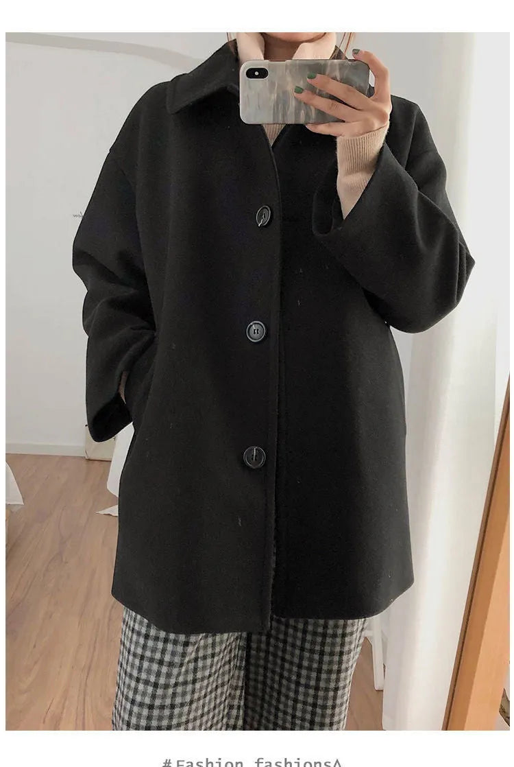 Women's mid-length overcoat, loose straight fit, long sleeves, solid colour, khaki or black, sizes M to 2XL