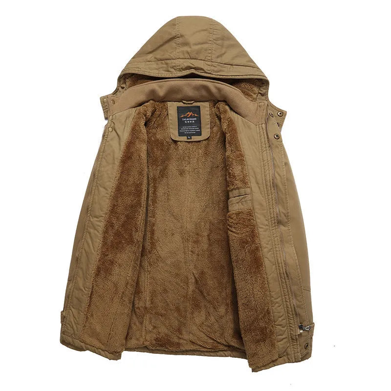 Men's fleece-lined cotton jacket in khaki, long sleeve, casual European style
