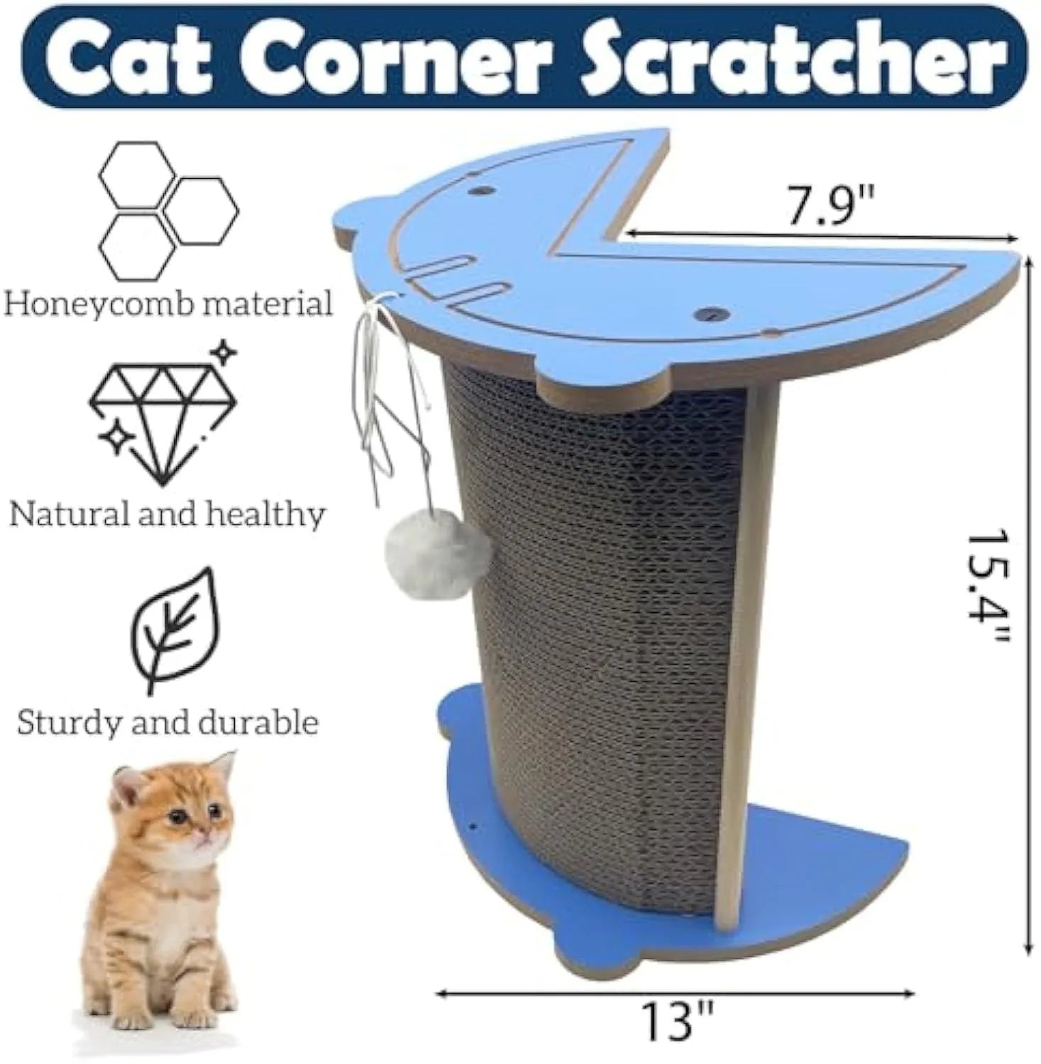 Triangular cardboard cat scratching pad positioned in room corner with hanging ball