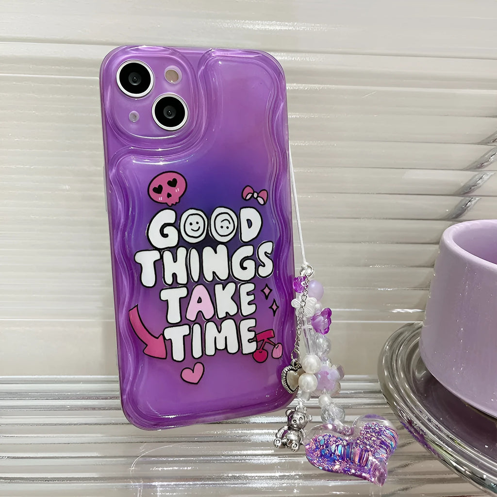 Purple graffiti English love design mobile phone case with integrated chain bracelet for iPhone