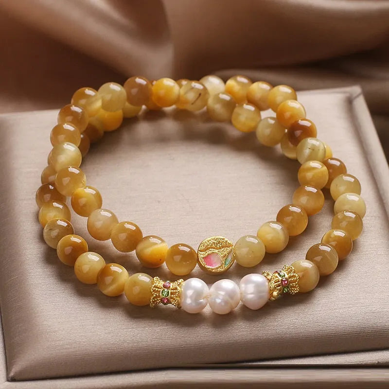 Natural gold tigereye double ring Hetian jade bracelet for women with yellow electroplated flower shape