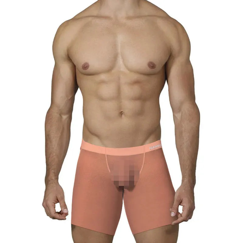 Men's ice silk boxers in orange, pink, and red colours with low waist design
