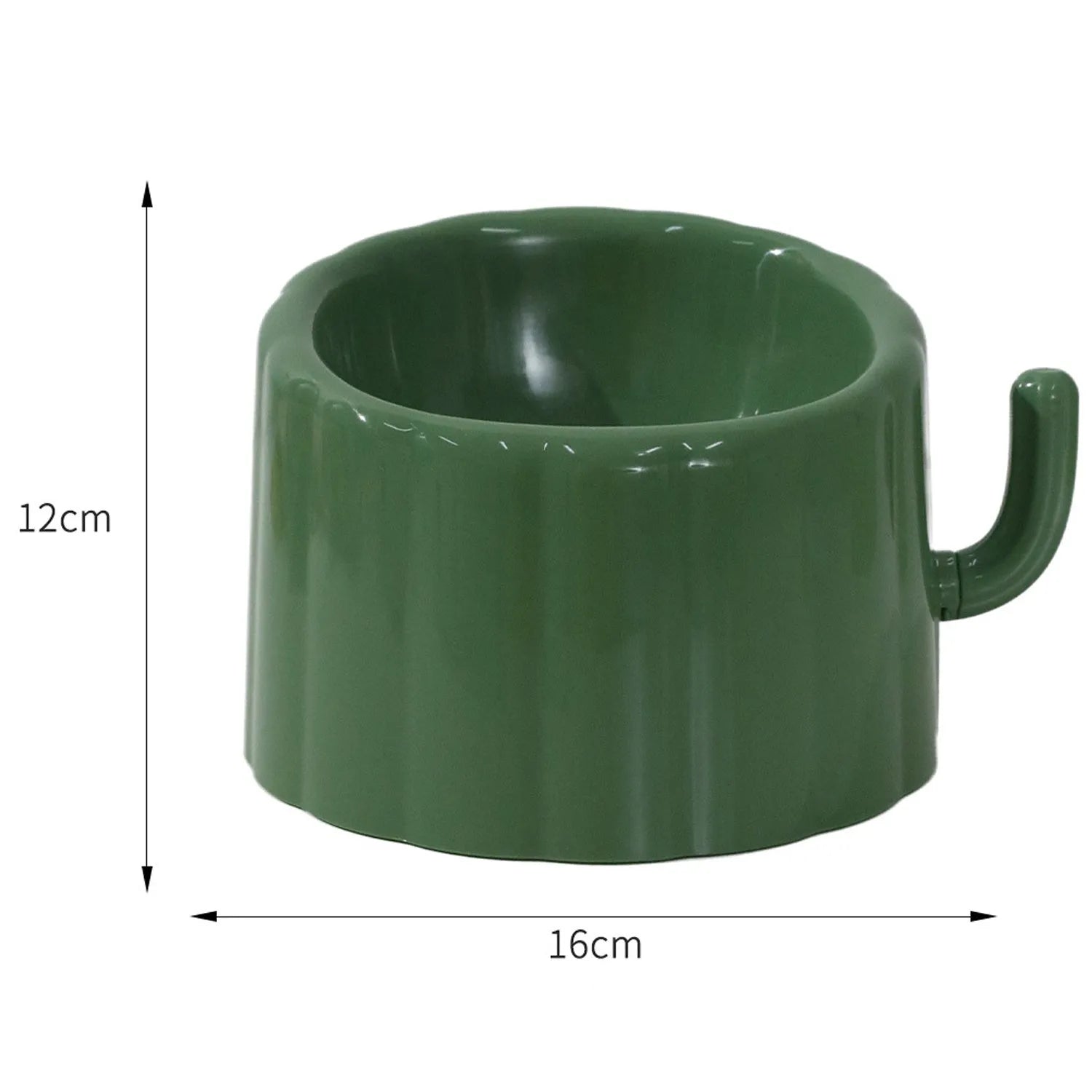 Green high-stand cat bowl with cactus design and a large opening.