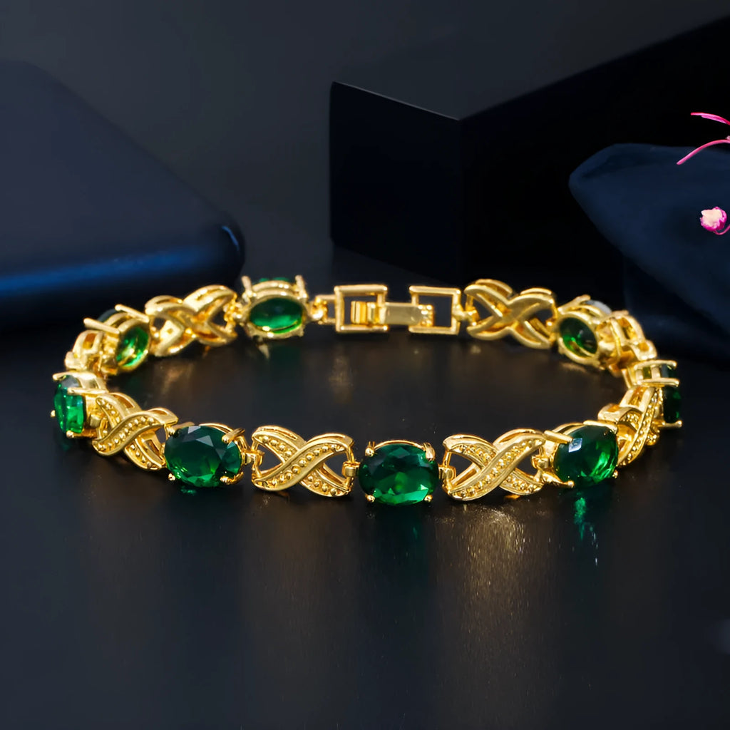 Women's gold plated copper zircon bracelet, 18cm with 3cm extender, in blue, green, red or white