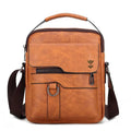 Khaki PU leather men's casual shoulder bag with a single strap, shown with zipper open.